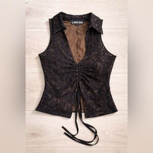 I.AM.GIA Alessia Lace Top | Black Lace Brown Underlay | Drawstring | Small